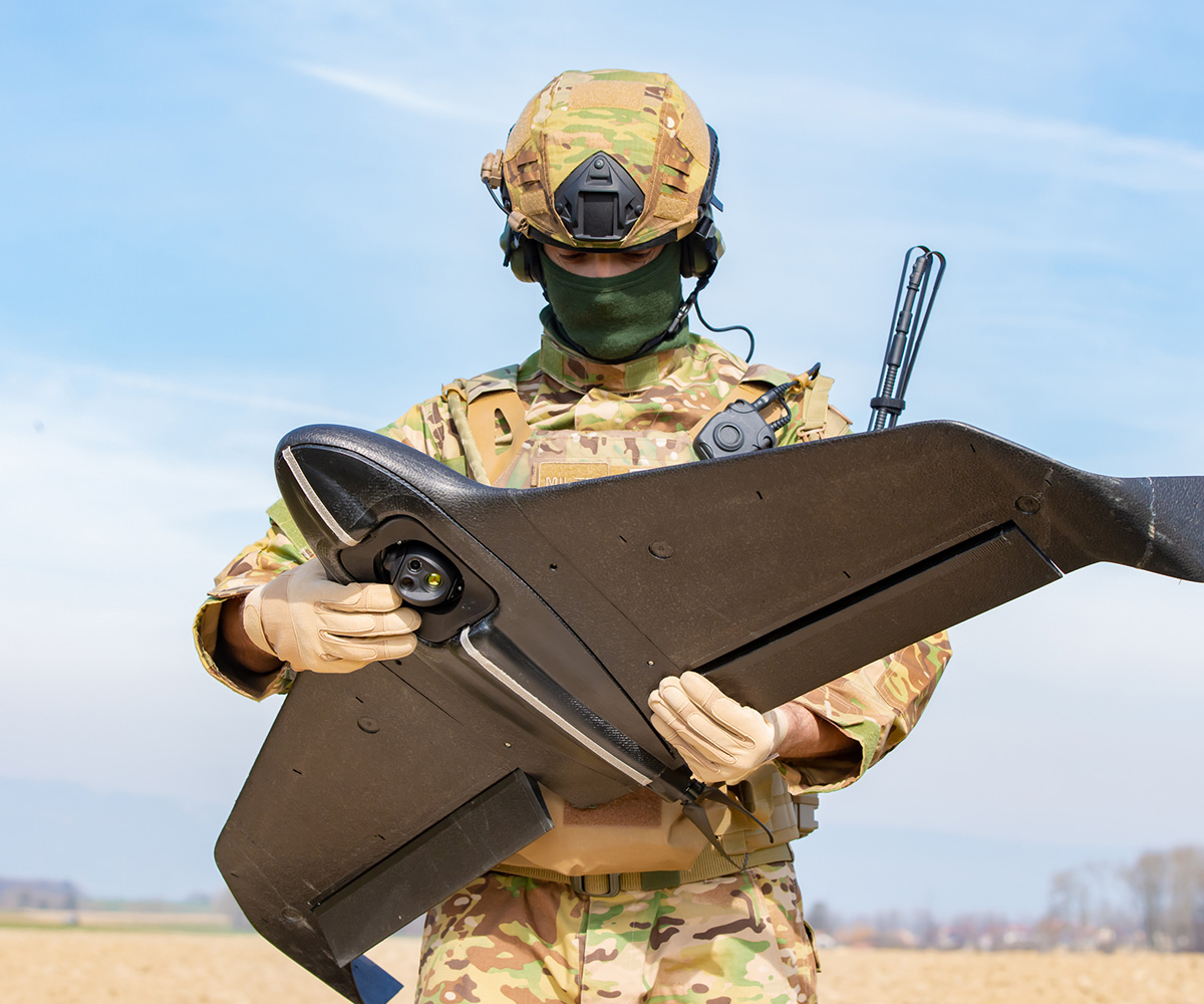 AgEagle eBee VISION fixed-winged drone with military pilot