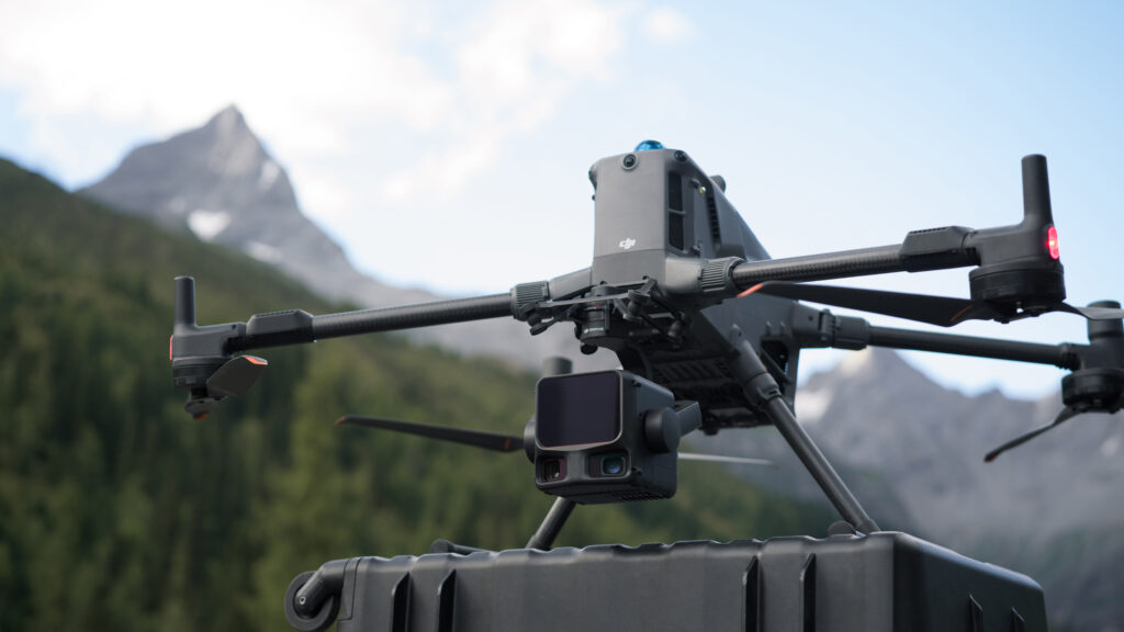 Close-up of the DJI Zenmuse L3 LiDAR and dual-camera system mounted on a DJI drone.