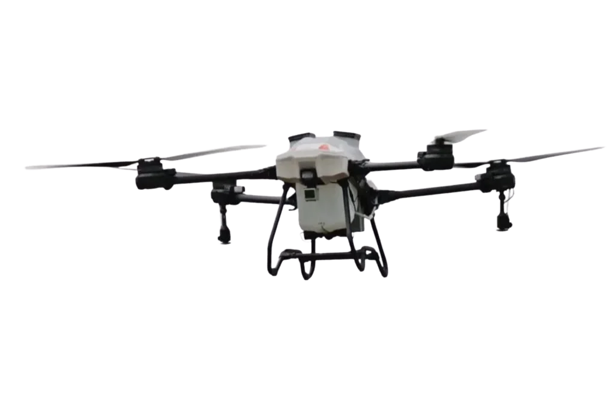 Quadcopter drone with four arms and landing gear, white central body, flying against a pale background.